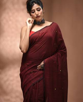 Elegant maroon cotton saree with sequin embellishments and pom pom 5