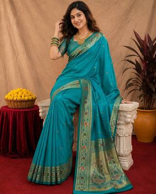 Teal blue soft silk blend banarasi jacuard work pethani saree with unstitched blouse piece 1
