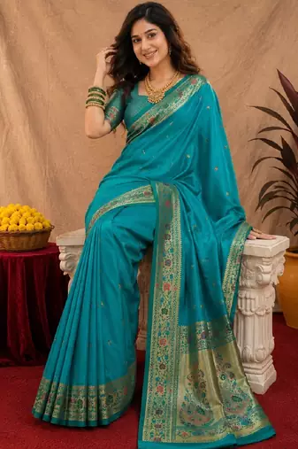 Teal blue soft silk blend banarasi jacuard work pethani saree with unstitched blouse piece