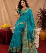 Teal blue soft silk blend banarasi jacuard work pethani saree with unstitched blouse piece