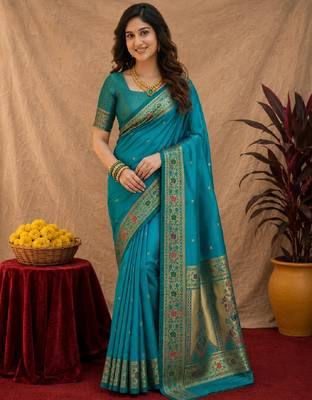 Teal blue soft silk blend banarasi jacuard work pethani saree with unstitched blouse piece 2