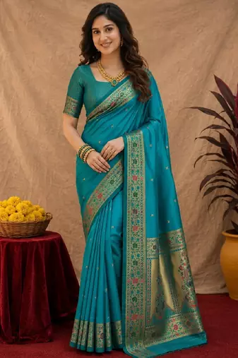 Teal blue soft silk blend banarasi jacuard work pethani saree with unstitched blouse piece