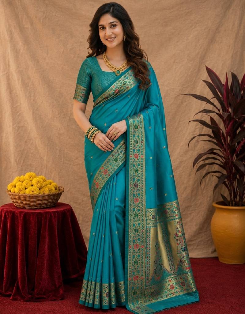 Teal blue soft silk blend banarasi jacuard work pethani saree with unstitched blouse piece