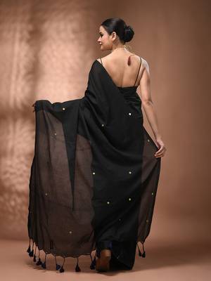 Elegant black cotton saree with sequin embellishments and pom pom 2