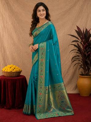 Teal blue soft silk blend banarasi jacuard work pethani saree with unstitched blouse piece 3
