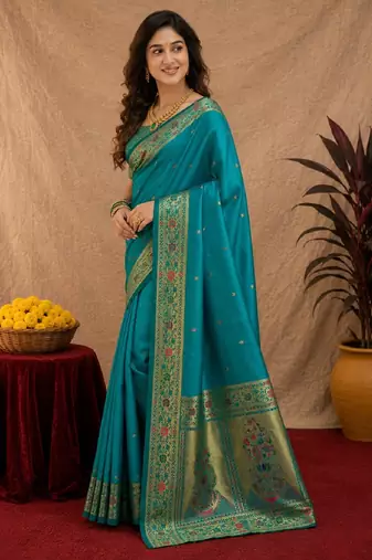 Teal blue soft silk blend banarasi jacuard work pethani saree with unstitched blouse piece