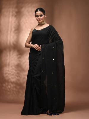 Elegant black cotton saree with sequin embellishments and pom pom 3