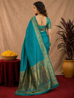 Teal blue soft silk blend banarasi jacuard work pethani saree with unstitched blouse piece 4