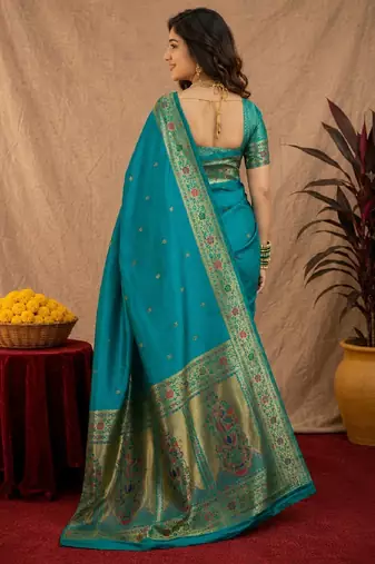 Teal blue soft silk blend banarasi jacuard work pethani saree with unstitched blouse piece