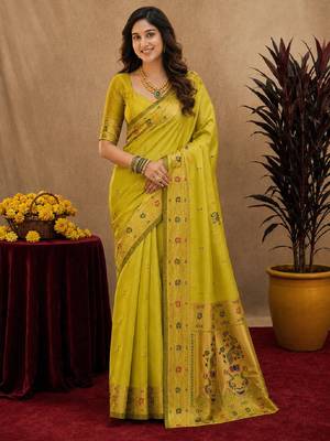 Parrot soft silk blend banarasi jacuard work pethani saree with unstitched blouse piece 1