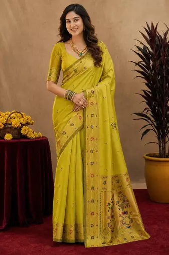 Parrot soft silk blend banarasi jacuard work pethani saree with unstitched blouse piece