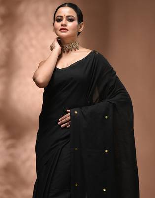 Elegant black cotton saree with sequin embellishments and pom pom 5