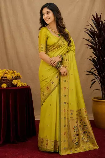Parrot soft silk blend banarasi jacuard work pethani saree with unstitched blouse piece