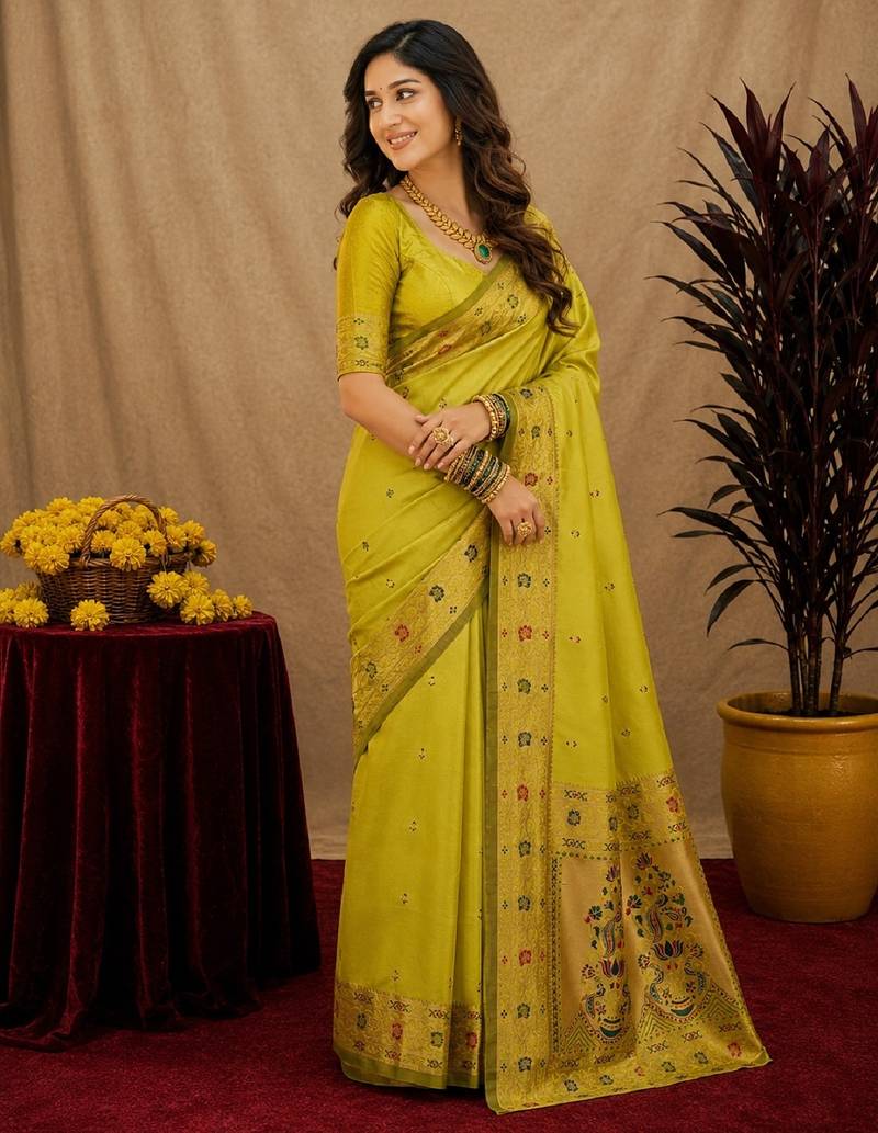 Parrot soft silk blend banarasi jacuard work pethani saree with unstitched blouse piece