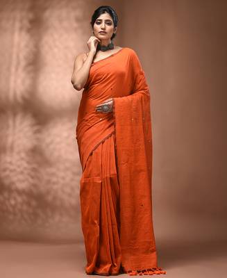 Elegant orange cotton saree with sequin embellishments and pom pom 1