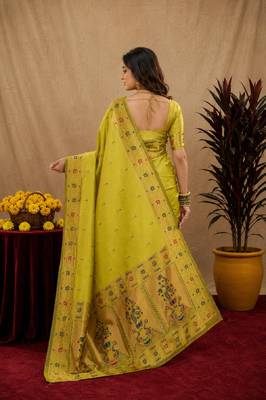 Parrot soft silk blend banarasi jacuard work pethani saree with unstitched blouse piece 3