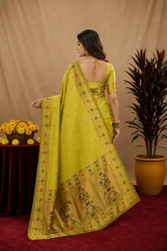 Parrot soft silk blend banarasi jacuard work pethani saree with unstitched blouse piece