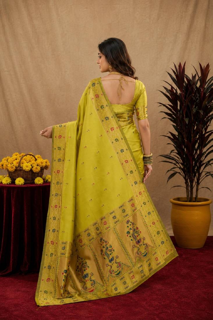 Parrot soft silk blend banarasi jacuard work pethani saree with unstitched blouse piece