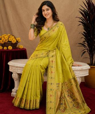 Parrot soft silk blend banarasi jacuard work pethani saree with unstitched blouse piece 4