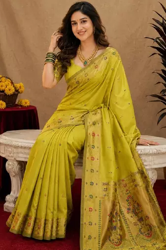 Parrot soft silk blend banarasi jacuard work pethani saree with unstitched blouse piece