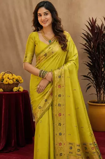 Parrot soft silk blend banarasi jacuard work pethani saree with unstitched blouse piece