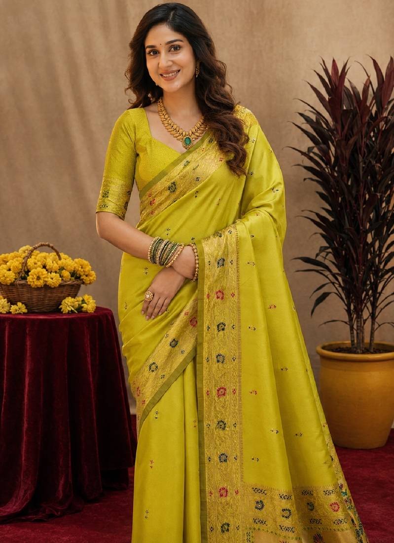 Parrot soft silk blend banarasi jacuard work pethani saree with unstitched blouse piece
