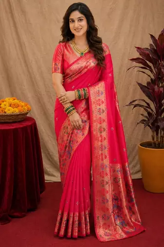Pink soft silk blend banarasi jacuard work pethani saree with unstitched blouse piece