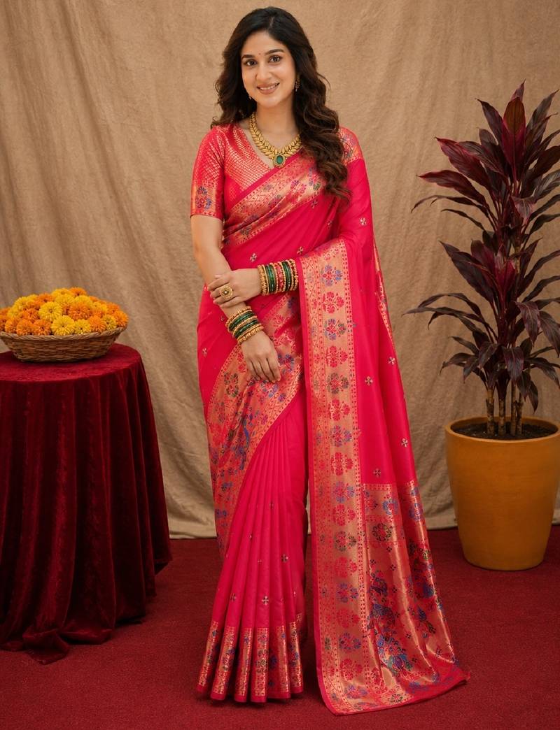 Pink soft silk blend banarasi jacuard work pethani saree with unstitched blouse piece