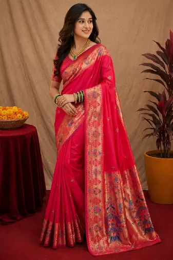 Pink soft silk blend banarasi jacuard work pethani saree with unstitched blouse piece