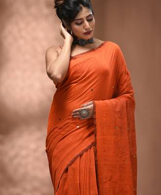 Elegant orange cotton saree with sequin embellishments and pom pom 5