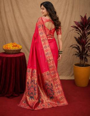 Pink soft silk blend banarasi jacuard work pethani saree with unstitched blouse piece 3
