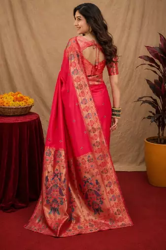 Pink soft silk blend banarasi jacuard work pethani saree with unstitched blouse piece