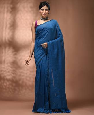 Elegant sapphire blue cotton saree with sequin embellishments and pom pom 1