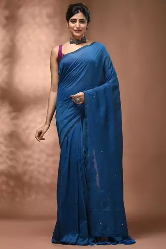 Elegant sapphire blue cotton saree with sequin embellishments and pom pom