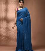 Elegant sapphire blue cotton saree with sequin embellishments and pom pom