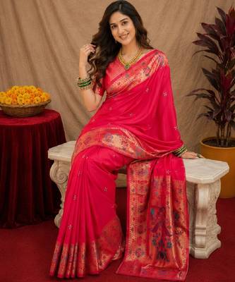 Pink soft silk blend banarasi jacuard work pethani saree with unstitched blouse piece 4