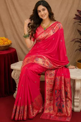 Pink soft silk blend banarasi jacuard work pethani saree with unstitched blouse piece