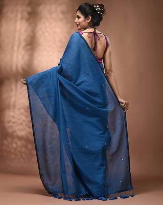 Elegant sapphire blue cotton saree with sequin embellishments and pom pom 2