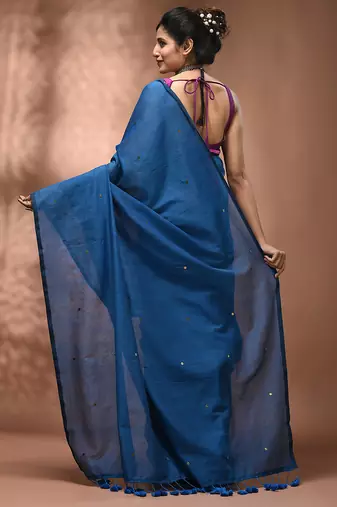 Elegant sapphire blue cotton saree with sequin embellishments and pom pom