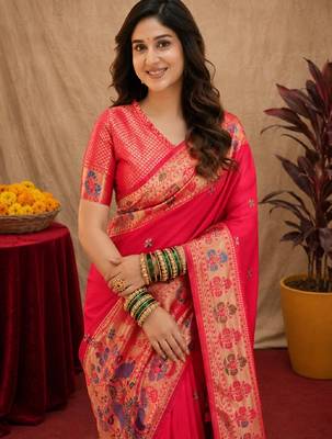 Pink soft silk blend banarasi jacuard work pethani saree with unstitched blouse piece 5