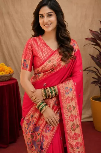 Pink soft silk blend banarasi jacuard work pethani saree with unstitched blouse piece