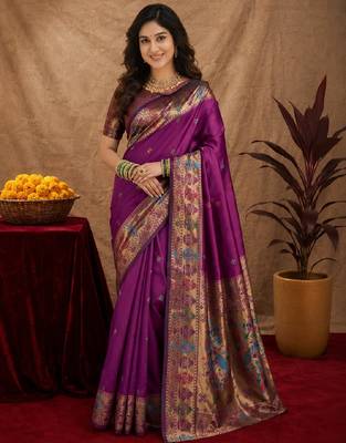 Purple soft silk blend banarasi jacuard work pethani saree with unstitched blouse piece 1