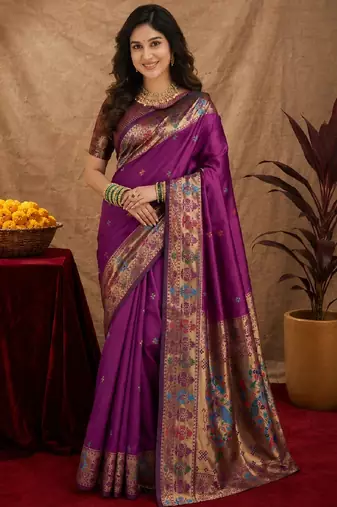 Purple soft silk blend banarasi jacuard work pethani saree with unstitched blouse piece