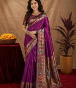 Purple soft silk blend banarasi jacuard work pethani saree with unstitched blouse piece