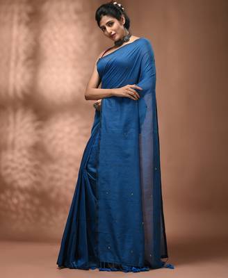 Elegant sapphire blue cotton saree with sequin embellishments and pom pom 3
