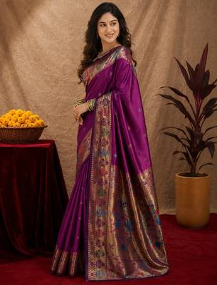 Purple soft silk blend banarasi jacuard work pethani saree with unstitched blouse piece 2