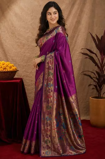 Purple soft silk blend banarasi jacuard work pethani saree with unstitched blouse piece