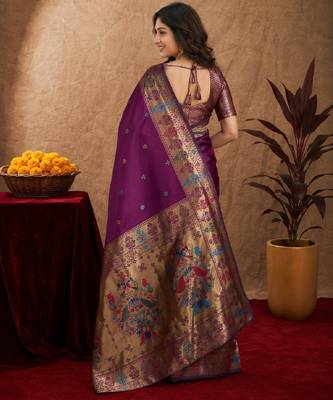 Purple soft silk blend banarasi jacuard work pethani saree with unstitched blouse piece 3