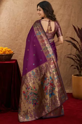 Purple soft silk blend banarasi jacuard work pethani saree with unstitched blouse piece