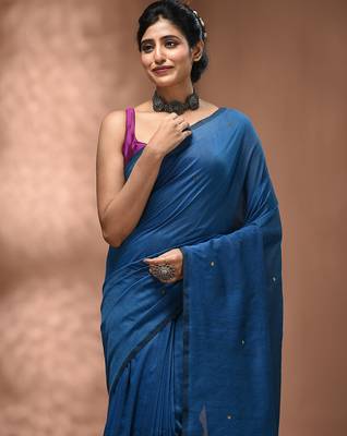 Elegant sapphire blue cotton saree with sequin embellishments and pom pom 5